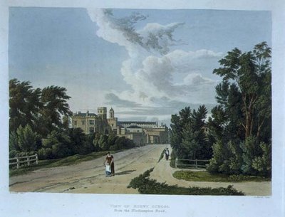 Widok szkoły rugby od strony Northampton Road, z „Historii szkoły rugby”, części „Historii kolegiów”, rycina Daniela Havella (1785-1826) wyd. przez R. Ackermanna autorstwa William (after) Westall