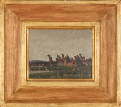 Postacie przechodzące przez krajobraz (olej na płótnie) autorstwa William (circle of) Nicholson