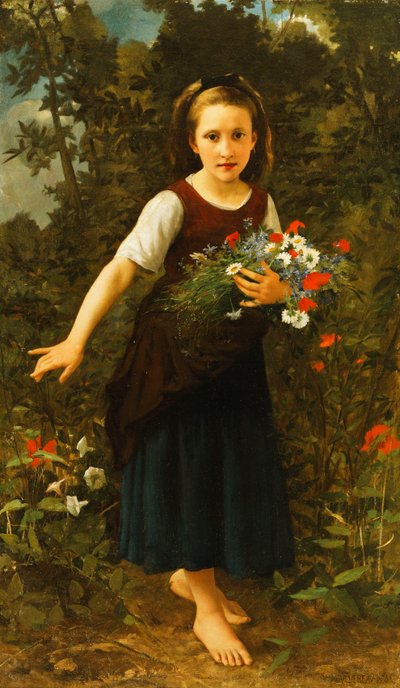 Mała dziewczynka nad potokiem trzymająca snop kwiatów, 1886 autorstwa William Adolphe Bouguereau