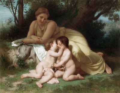 Młoda kobieta kontemplująca dwoje obejmujących się dzieci autorstwa William Adolphe Bouguereau