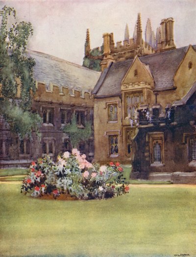 Magdalen College, pokazujący Lożę Prezydenta i Wieżę Założyciela (kolorowa litografia) autorstwa William Ainsworth Wildman