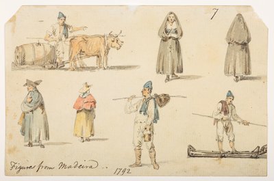 7’ Figurki z Madiera. 1792.”  z albumu 372 rysunków pejzaży, wybrzeży, strojów i życia codziennego wykonanych podczas ambasady Lorda Macartneya u cesarza Chin w latach 1792-1794 (ołówek i akwarela na papierze) autorstwa William Alexander