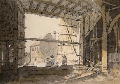 Figurki w drzwiach stodoły w Parsonage House, niedaleko Addington, Kent (ołówek i akwarela na papierze) autorstwa William Alexander