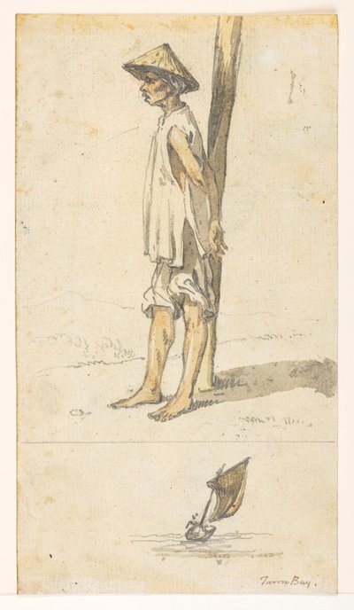 f.5 32v Młody mężczyzna oparty o drzewo; łódka. Zatoka Turona.  z albumu 372 rysunków pejzaży, wybrzeży, strojów i życia codziennego wykonanych podczas ambasady lorda Macartneya u cesarza chińskiego w latach 1792-1794 (ołówek i akwarela na s. autorstwa William Alexander