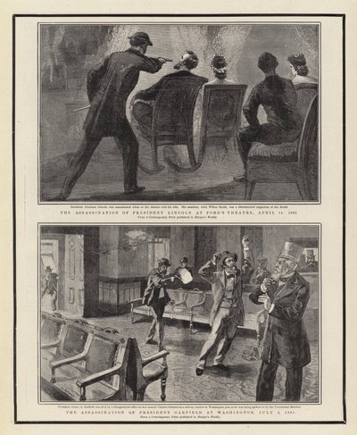 Zabójstwo prezydenta Lincolna w teatrze Forda, 14 kwietnia 1865, zabójstwo prezydenta Garfielda w Waszyngtonie, 2 lipca 1881 autorstwa William Allen Rogers