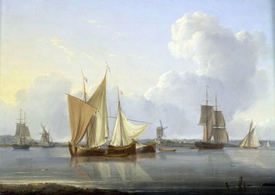 Przyjazd do Limehouse w Londynie (Anglia), różne łodzie na Tamizie i młyn na brzegu, a po prawej szpital Greenwich. Olej na płótnie, około 1820 roku, autor: William Anderson (1750-1778). autorstwa William Anderson