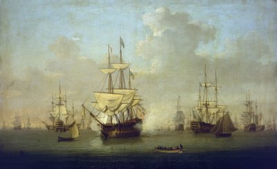 "Queen Charlotte", nowy okręt wojenny o 104 działach, w Spithead (Anglia) w 1790 r., w przededniu francuskiej wojny rewolucyjnej (1793-1802). autorstwa William Anderson