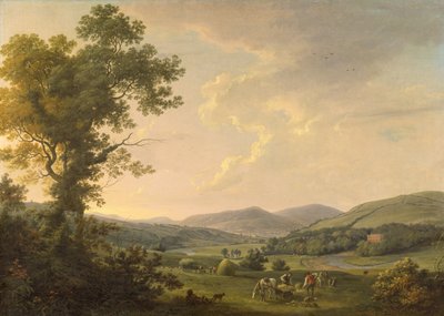 Krajobraz z sianokosami i odległym widokiem gruzińskiego domu, ok. 1780 (olej na płótnie) autorstwa William Ashford