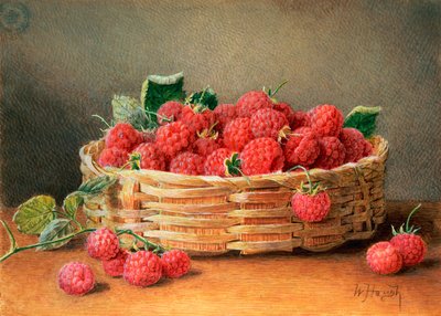 Martwa natura z malinami w wiklinowym koszyku autorstwa William B. Hough
