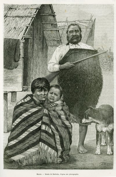 Trzy pokolenia Maorysów. Grawer autorstwa Barbotina, ilustrujący opowiadanie Voyage a la Nouvelle Zelande, 1889, G. Verschuur, in le tour du monde 1890, reżyseria Edouard Charton (1807-1890), Hachette, Paryż. autorstwa William Barbotin