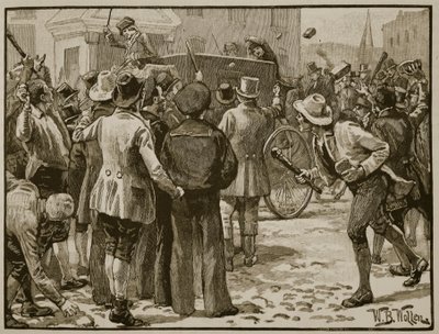 Atak na Sir Charlesa Wetherella w Bristolu, ilustracja z „Ilustrowanej historii Anglii Cassella” (zdjęcie w sepii) autorstwa William Barnes Wollen