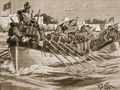 Wyjazd wojsk brytyjskich z Aleksandrii, 1807, ilustracja z „Ilustrowanej historii Anglii Cassella” (zdjęcie w sepii) autorstwa William Barnes Wollen