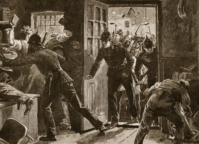 Bójka w Ennis pomiędzy zawodnikami National Leaguers i policją, 1886, ilustracja z "Cassell