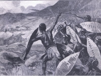 Walka na wzgórzach Matopos: szarża Matabele, ilustracja z Cassells History of England, 1900 autorstwa William Barnes Wollen