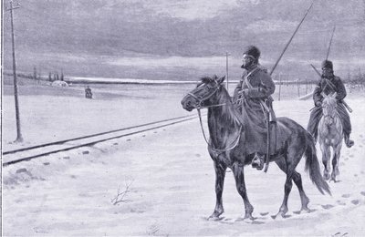 Na straży linii kolejowej w pobliżu Mukden, ilustracja z Historii wojny rosyjsko-japońskiej Cassells t. 1, ok. 1900 autorstwa William Barnes Wollen