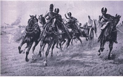 Działa na froncie: Waterloo 18 czerwca 1815, ilustracja z brytyjskich bitew lądowych i morskich, 1915 autorstwa William Barnes Wollen