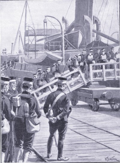 Japońskie wojska wkraczające do Kobe, ilustracja z Cassells History of the rosyjsko-japońskiej wojny t. 1, ok. 1900 autorstwa William Barnes Wollen