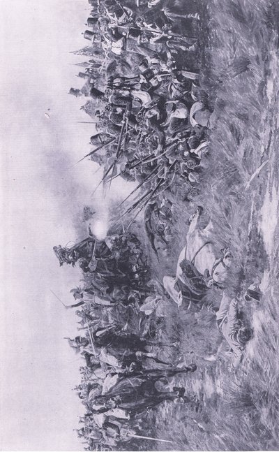 28. pułk Gloucester otrzymujący francuską kawalerię pod Waterloo 18 czerwca 1815, ilustracja z brytyjskich bitew lądowych i morskich, 1915 autorstwa William Barnes Wollen