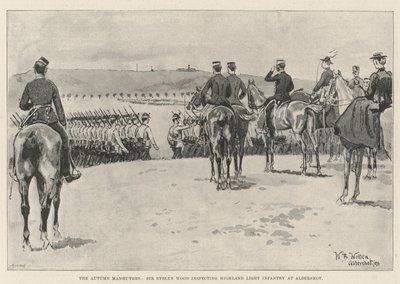 Manewry jesienne, Sir Evelyn Wood przeprowadza inspekcję Highland Light Infantry w Aldershot. autorstwa William Barnes Wollen