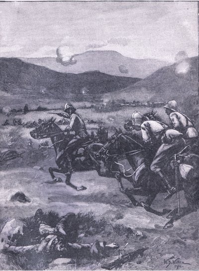 Bitwa pod Colenso: porucznik Roberts galopujący, aby przywrócić katastrofę do dział, ilustracja z Cassells History of England, 1900 autorstwa William Barnes Wollen