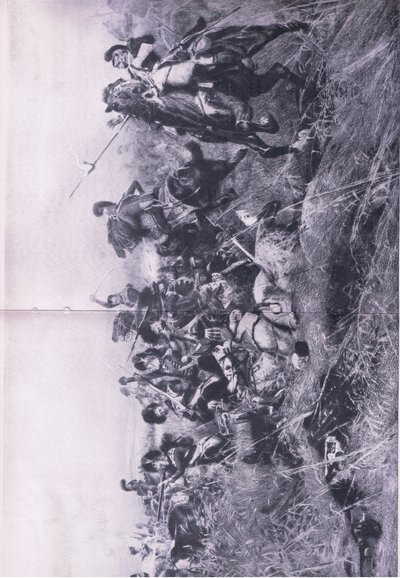 Czarna straż w bitwie pod Quatre Bras 16 czerwca 1815, ilustracja z brytyjskich bitew lądowych i morskich, 1915 autorstwa William Barnes Wollen