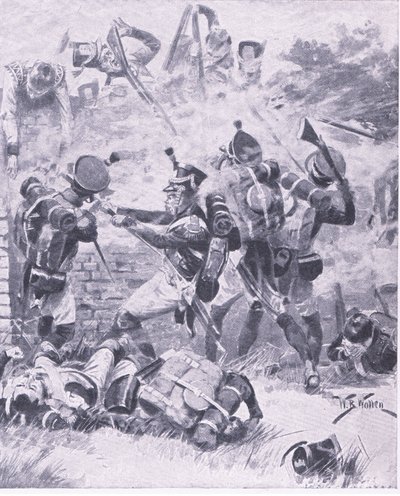 Atak na mur w Hougomont: Waterloo 1815, ilustracja z brytyjskich bitew lądowych i morskich, 1915 autorstwa William Barnes Wollen