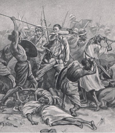 Plac w Abu-Klea, 17 stycznia 1885, ilustracja z brytyjskich bitew lądowych i morskich, 1915 autorstwa William Barnes Wollen