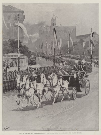 Wizyta cara i carycy w Wiedniu, dwóch cesarzy przejeżdżających przez Prater Strasse autorstwa William Barnes Wollen