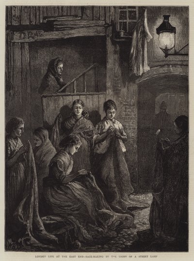 Londyńskie życie na East Endzie, Wyrabianie worków przy świetle lampy ulicznej (rycina) autorstwa William Bazett Murray