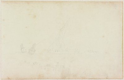 Szkic statku z łodzią wiosłową i jeźdźcem z rzędem koni (ołówek na papierze (na papierze z M746)) autorstwa William Beilby