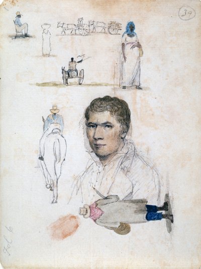 Osiem małych rysunków, w tym portret, studia postaci, wózki, autorstwa artysty Williama Berrymana. autorstwa William Berryman
