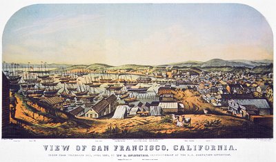 Widok San Francisco, Kalifornia, z Telegraph Hill, kwiecień 1850 (kolor lito) autorstwa William Birch McMurtrie