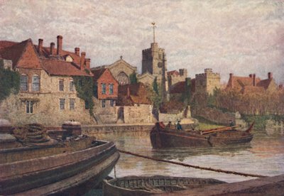Maidstone. Tył starożytnego pałacu, kościoła i starego kolegium z drugiej strony Medway, ok. 1900 autorstwa William Biscombe Gardner