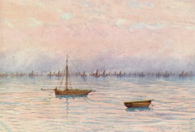 Whitstable Oyster Fleet pogłębiająca zatokę Herne Bay (kolorowa litografia) autorstwa William Biscombe Gardner
