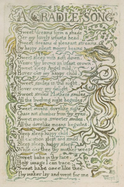 „A Cradle Song”, płyta 25 z „Songs of Innocence”, 1789 (ręcznie kolorowana płaskorzeźba akwaforta z akwarelą) autorstwa William Blake