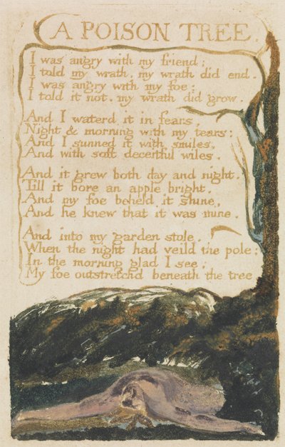 „A Poison Tree”, płyta 40 z „Songs of Experience”, 1794 (kolorowy druk reliefowy akwaforta z akwarelą) autorstwa William Blake