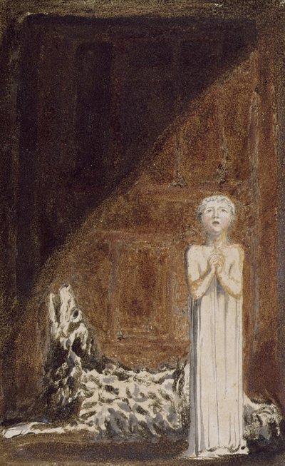 „Chłopiec w długiej sukni, stojący z założonymi rękami obok psa”, tablica 25 z „Pierwszej księgi Urizena”, 1794 (drukowana kolorowo płaskorzeźba akwaforta tuszem i wc na papierze) autorstwa William Blake