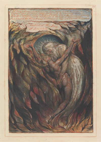 „Wszystkie ludzkie postacie zidentyfikowane... Koniec Pieśni o Jerozolimie” kolofon (tablica 99) autorstwa William Blake