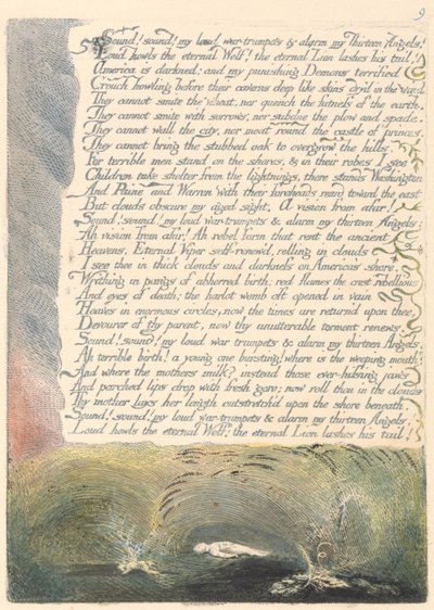 Ameryka. Proroctwo, płyta 11, Dźwięk! Dźwięk! Moje głośne trąby wojenne.... autorstwa William Blake
