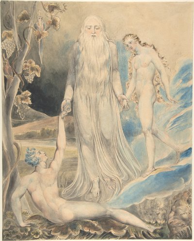Anioł boskiej obecności prowadzący Ewę do Adama (Stworzenie Ewy: „I będzie nazwana kobietą”) (recto); szkic do tego samego tematu (verso) autorstwa William Blake