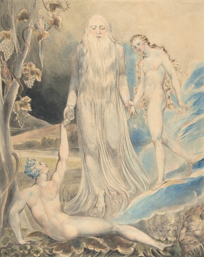 Anioł Boskiej Obecności przynoszący Ewę Adamowi Stworzenie Ewy..., recto..., 1803. autorstwa William Blake