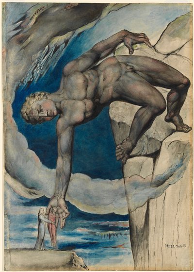 Antaeus stawiający Dantego i Virgila w Ostatnim Kręgu Piekła autorstwa William Blake