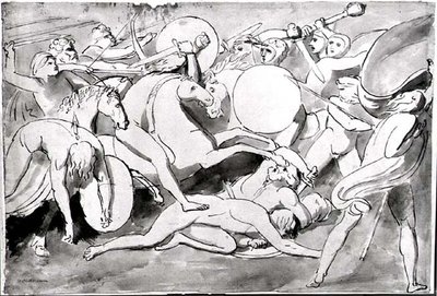 Scena bitwy (pióro i atrament) (zdjęcie czarno-białe) autorstwa William Blake
