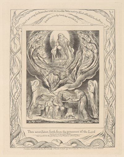 Księga Hioba, płyta 5, szatan wychodzący z obecności Pana i miłosierdzie Hioba autorstwa William Blake