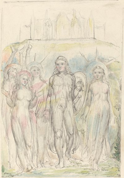 Chrześcijanin z tarczą wiary, żegnający się ze swymi towarzyszami autorstwa William Blake
