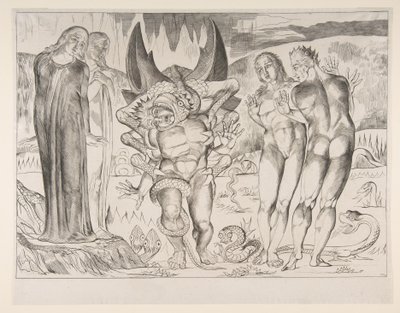 Krąg złodziei: Agnello Brunelleschi zaatakowany przez sześcionogiego węża, z Dan..., ca. 1825-27. autorstwa William Blake