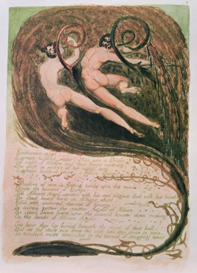 Europa proroctwem; Entharmon spał, pleśń niszczące kłosy kukurydzy, ok. 1794 (akwaforta wypukła, wc) autorstwa William Blake