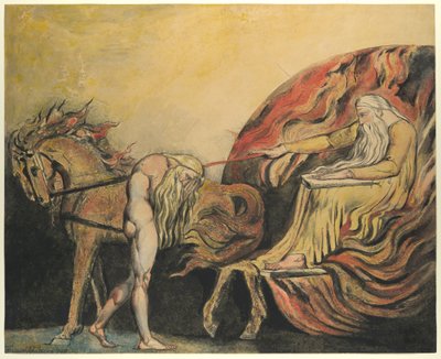 Bóg sądząc Adama, ok. 1795 (kolorowa akwaforta za pomocą pióra, atramentu i akwareli) autorstwa William Blake