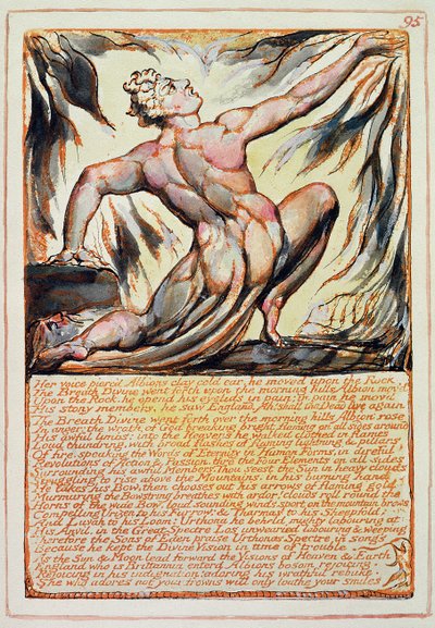 „Jej głos przebił zimne ucho Albions gliniane...”, płyta 95 z „Jerusalem” ok. 1810 (akwaforta piórem i wc) autorstwa William Blake
