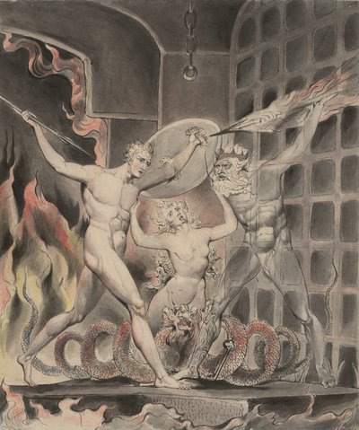 Ilustracja 2 do „Raju utraconego” Miltona: Szatan, grzech i śmierć: Szatan przybywa do bram piekieł, 1807 autorstwa William Blake
